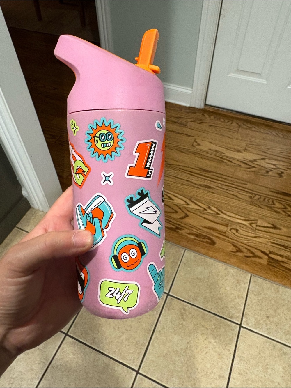 Kids Pink Sticker Water Bottle with Flip Straw